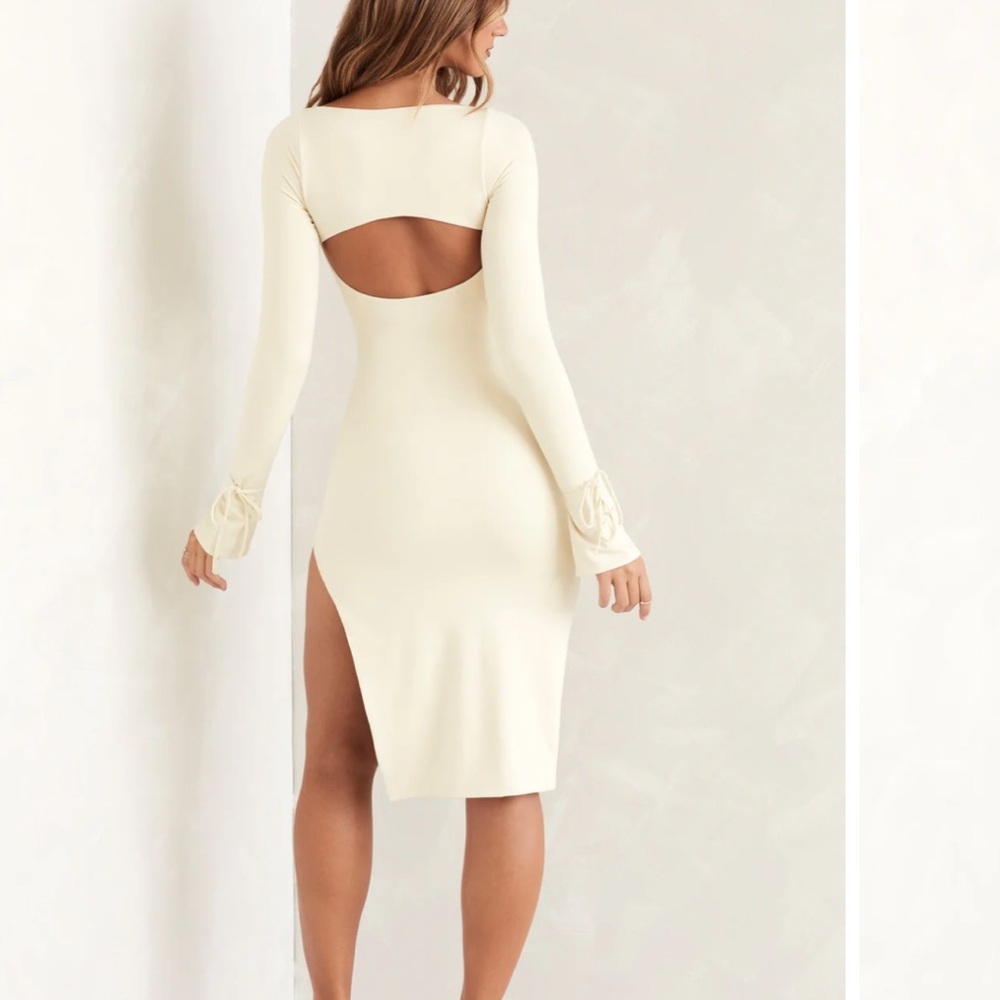 Cream Long-Sleeve Cutout Midi Dress